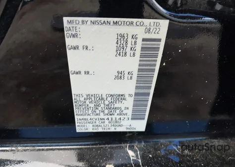 2022 Nissan Altima Sr Fwd from USA, damaged, VIN 1N4BL4CV1NN411423